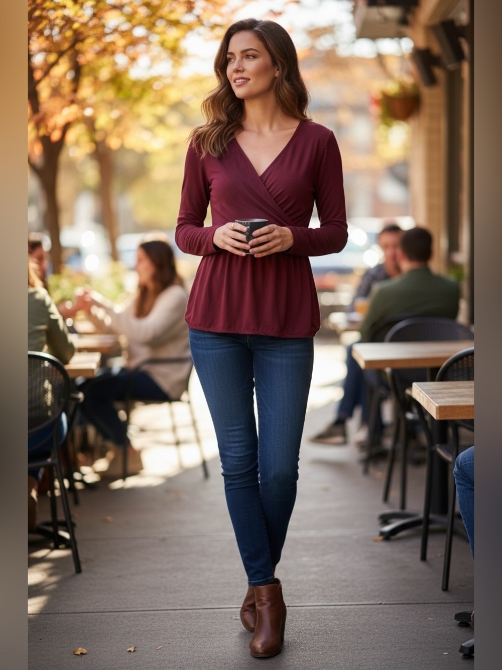 BloomChic faux Wrap-Front Long Sleeve Top in Burgundy